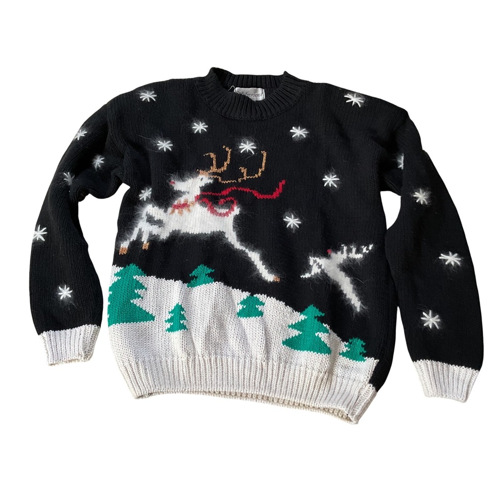 Silvercord Vintage Reindeer Christmas Sweater Black Ramie Cotton Knit Large